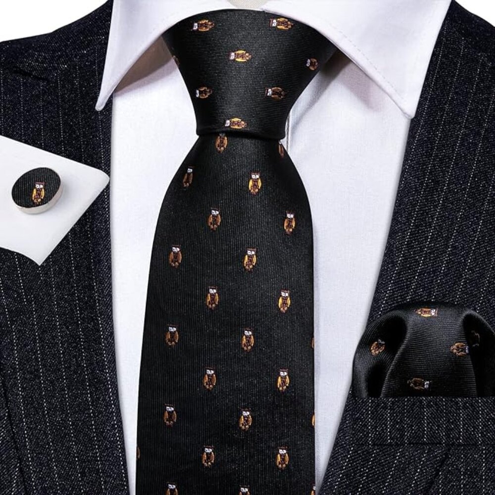 FUN animal ties for men designer handkerchief cufflink WOVEN casual necktie set